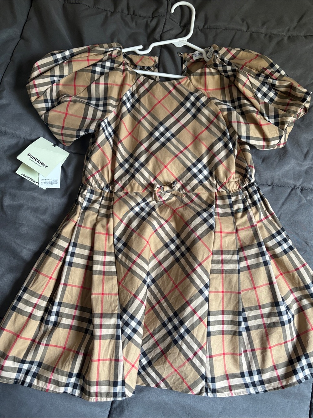 Burberry Beige Check Girls' Puff Sleeve Dress with Red Accents